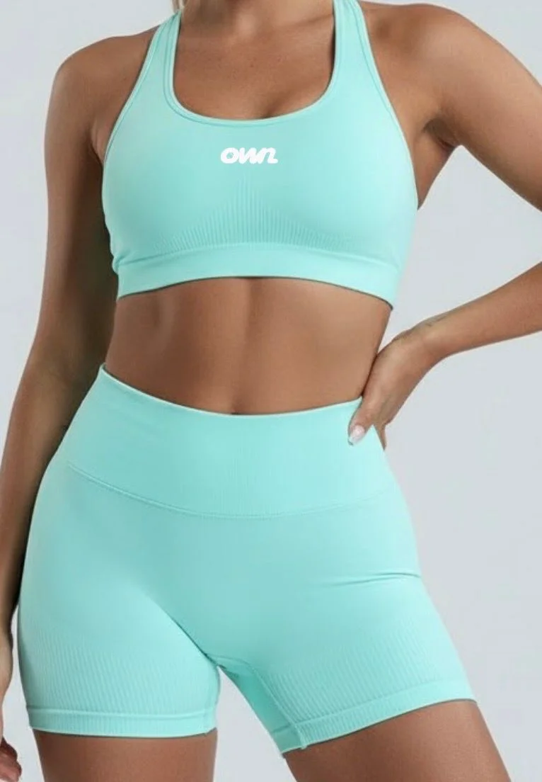 OWN Signature Halter Sports Bra + High-Waist Biker Short – Cyan – Customizable