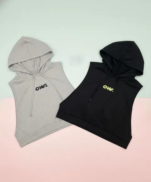 OWN Ladies Sleeveless Semi Crop Hoodie in Black & Gray– Customizable