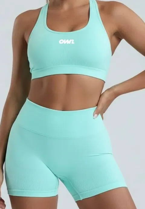 OWN Signature Halter Sports Bra + High-Waist Biker Short – Cyan – Customizable