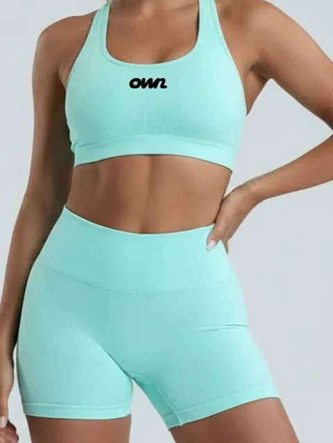 OWN Signature Halter Sports Bra + High-Waist Biker Short – Cyan – Customizable - foto 3